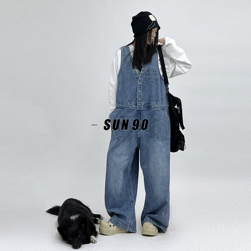 港式复古牛仔工装背带裤