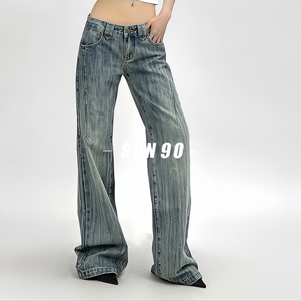 SUN90 美式复古浅色微喇低腰牛仔裤女春秋款窄版直筒垂顺条纹仔裤
