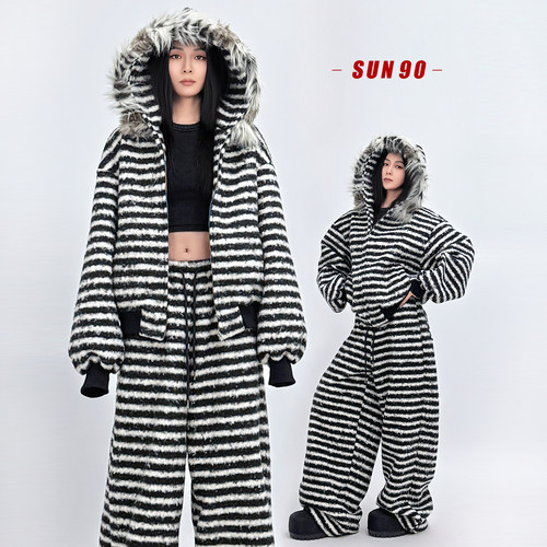 黑白条纹毛领连帽外套阔腿裤套装
