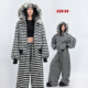 套装 SUN90 秋冬黑白条纹毛领连帽外套阔腿裤 女慵懒复古加厚两件套