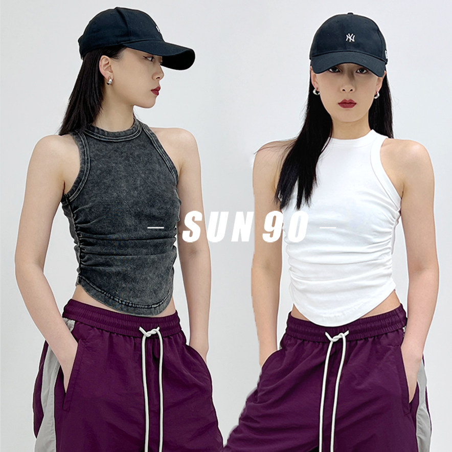 SUN90 美式无袖背心女做旧水洗小肚子消失弧形下摆复古圆领上衣潮,女装/女士精品,背心吊带,淘宝优惠券,粉丝福利购,淘宝优惠卷