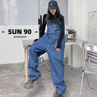 女辣妈复古深蓝丹宁水洗做旧古着 SUNW原创小众设计宽松牛仔背带裤