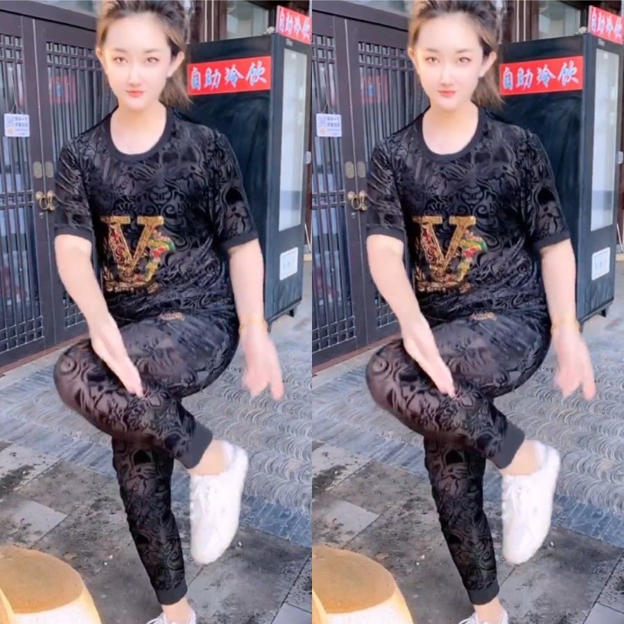 夏季新款男士套装欧洲站潮流时尚休闲修身镂空圆领短袖长裤两件套
