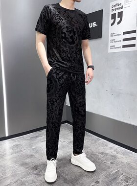 运动套装男士夏季新款今年流行爆款休闲弹力植绒短袖长裤两件套潮