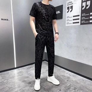 运动套装男士夏季新款今年流行爆款休闲弹力植绒短袖长裤两件套潮