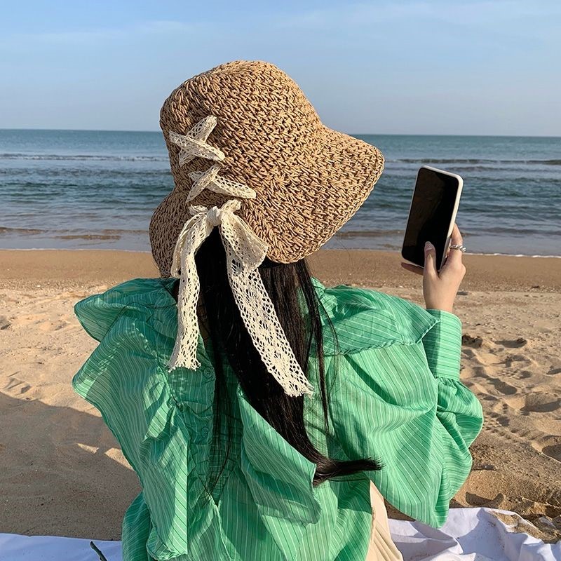 日系蕾丝绑带草帽女夏季沙滩