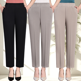 夏季女裤薄款中年妈妈裤天丝麻九分裤宽松弹力休闲裤松紧腰女装裤