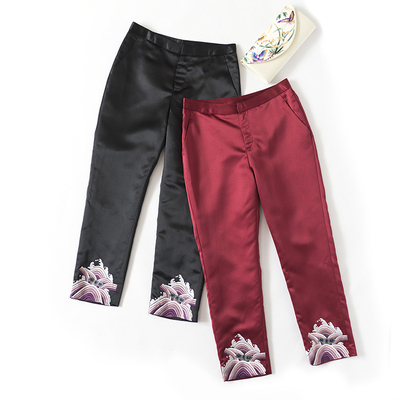 中式刺绣花休闲直筒九分百搭裤