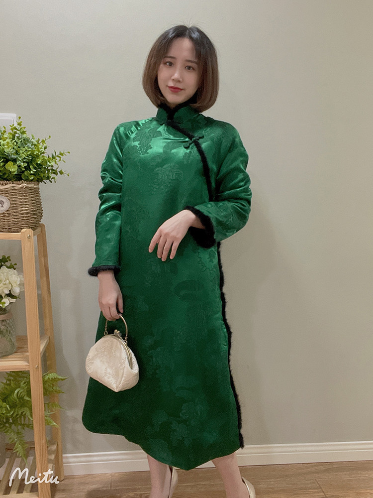 祖母绿 复古中式真丝桑蚕丝提花水貂毛改良旗袍连衣裙唐装棉服女