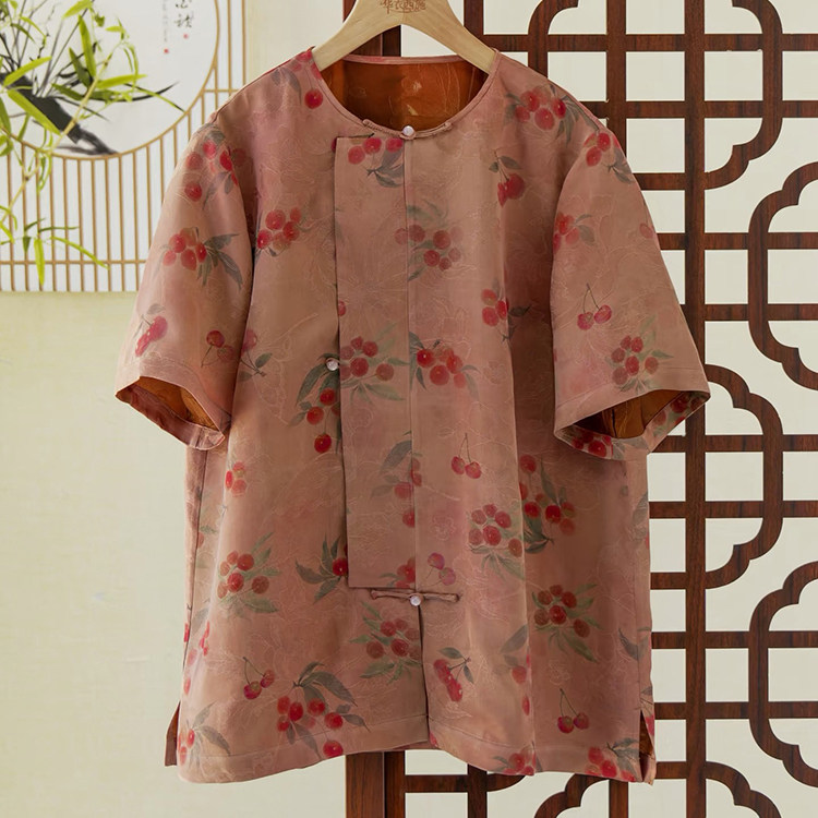 夏季新品 新中式真丝花萝红云香云纱樱桃花圆领短袖复古唐装上衣
