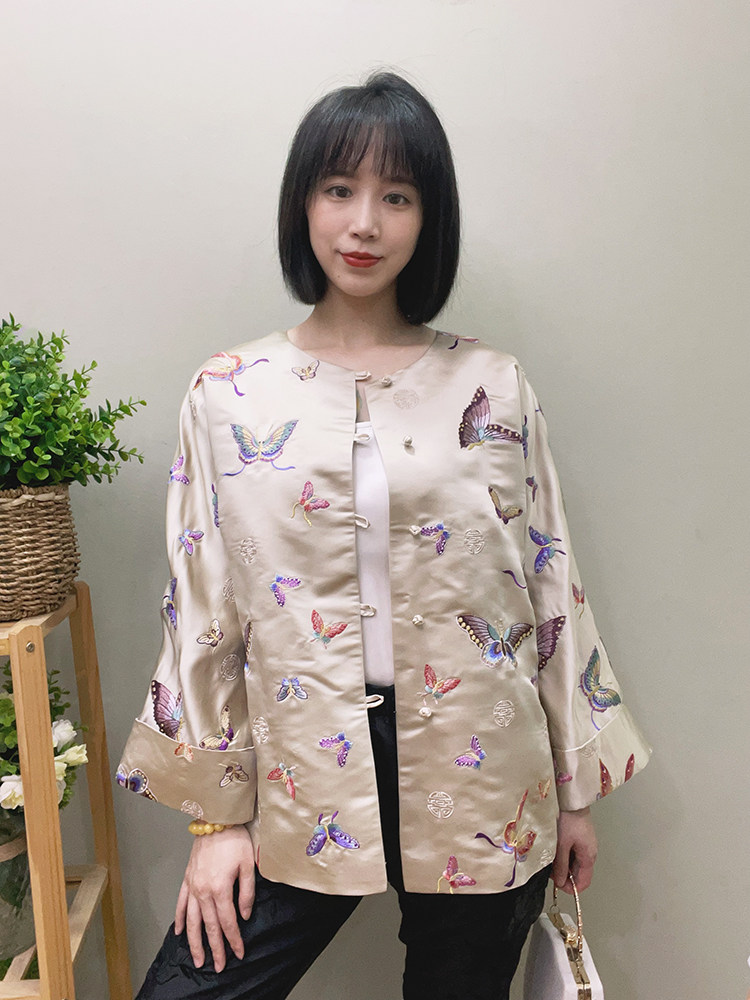 唐装汉服 新中式满身蝴蝶刺绣花真丝素库缎圆领宽松开襟连袖上衣
