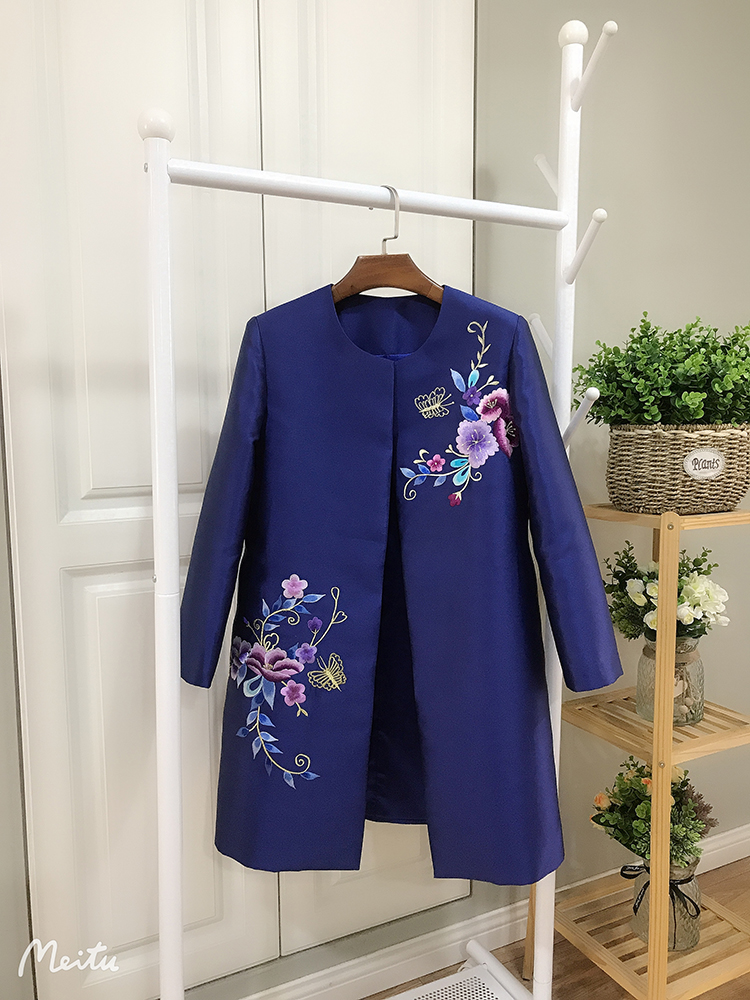 复古唐装 中式夏姿风刺绣花圆领中长款对襟上衣外套女