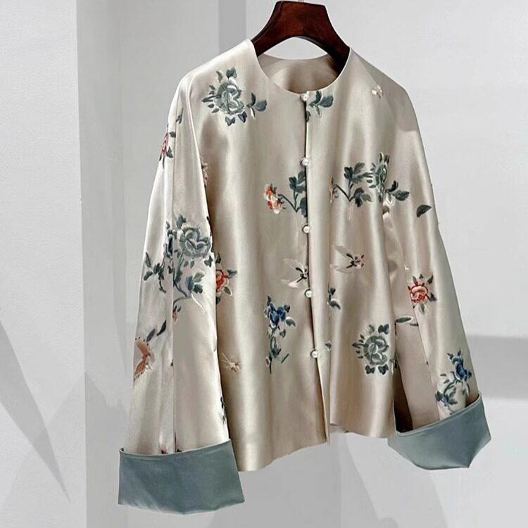 国风高级感 新中式醋酸重工刺绣撞色圆领开襟唐装棉上衣外套女