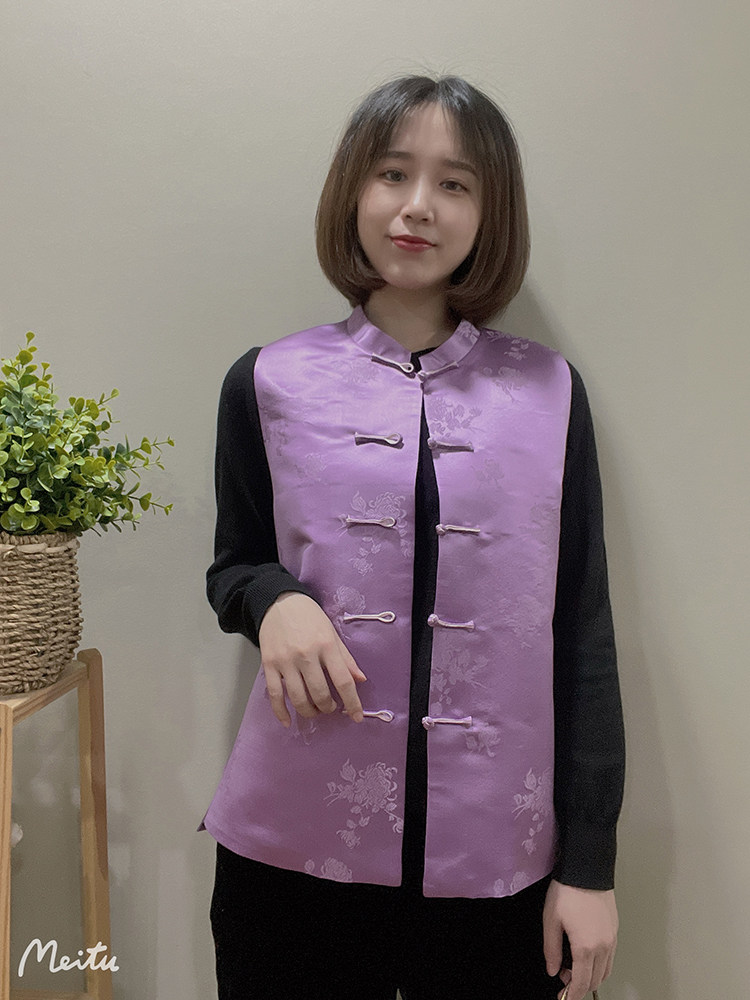 优雅紫罗兰 新中式真丝桑蚕丝素库缎小立领盘扣背心唐装马甲棉衣