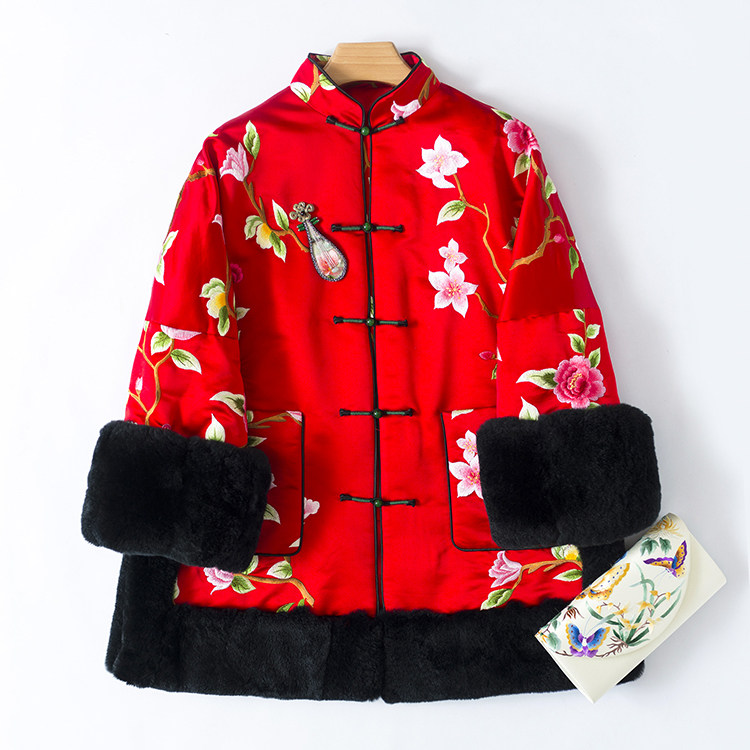 拜年新装 中国红中式复古真丝刺绣花大皮草宽松棉袄上衣外套女