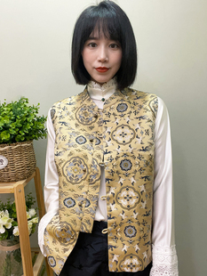 背心开襟铜扣复古马甲上衣女 百搭无袖 非遗宋锦 鹤鹿同春新中式