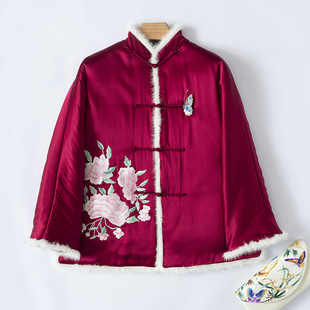 秋冬款 中式复古真丝缎牡丹刺绣花水貂毛开襟上衣外套棉服棉袄女
