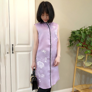 夏季新款 新中式真丝提花欧根纱刺绣花蕾丝花边长款无袖背心马甲