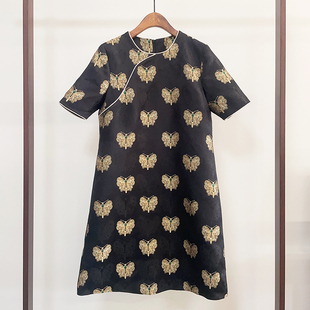 非遗传承 轻奢新中式真丝宋锦黑金蝴蝶短袖宽松改良旗袍连衣裙