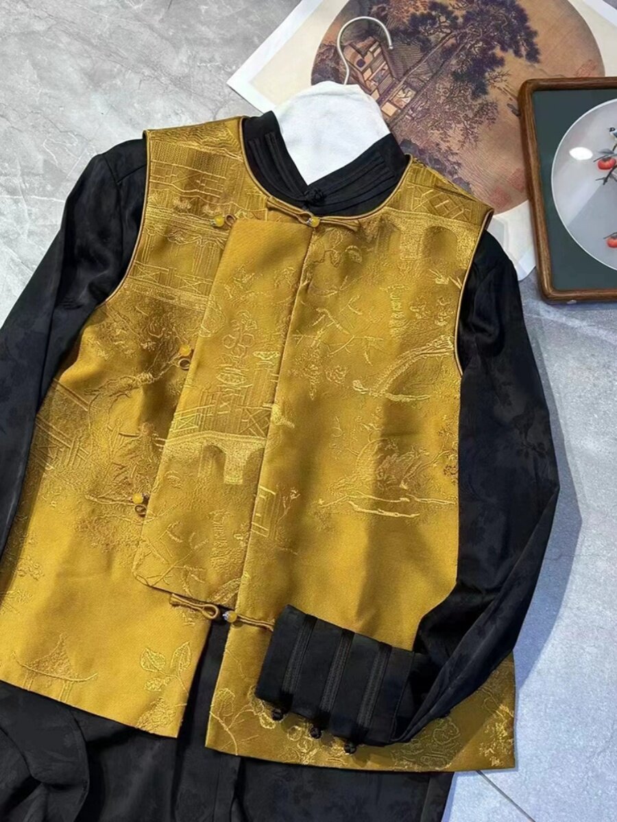 PAVILIONS AND PAVILIONS NEW CHINESE EMBROIDERY ROUND NECK IMPROVED LOOSE RETRO PARTIAL PLACKET TANG VEST TOP WOMEN