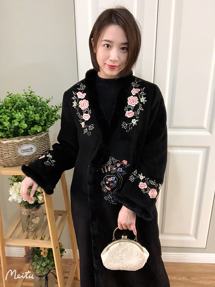 秋冬新款 中国风复古濑兔毛刺绣花过膝长款羊绒毛呢大衣风衣