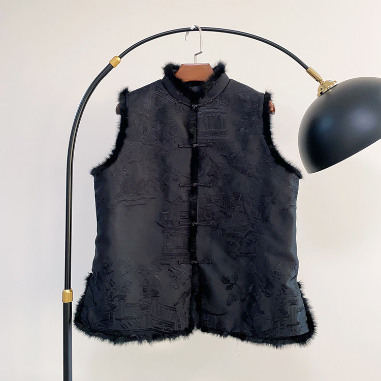 秋冬新款 中式复古丝毛亭台楼阁刺绣花水貂毛开襟夹棉马甲上衣女