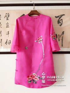 2016新款春真丝中式欧根纱绣花刺绣改良旗袍裙连衣裙盘扣