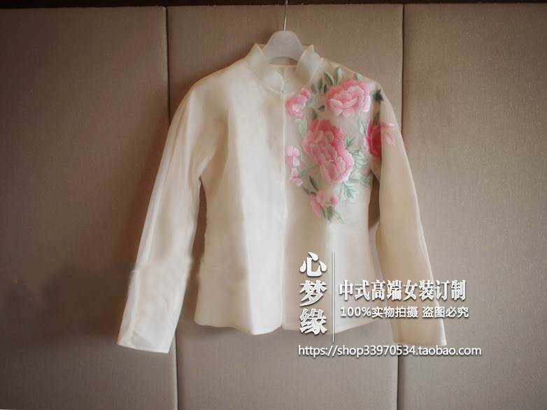 爆款 收腰气质短上衣欧根纱大片前后牡丹刺绣中式女装外套