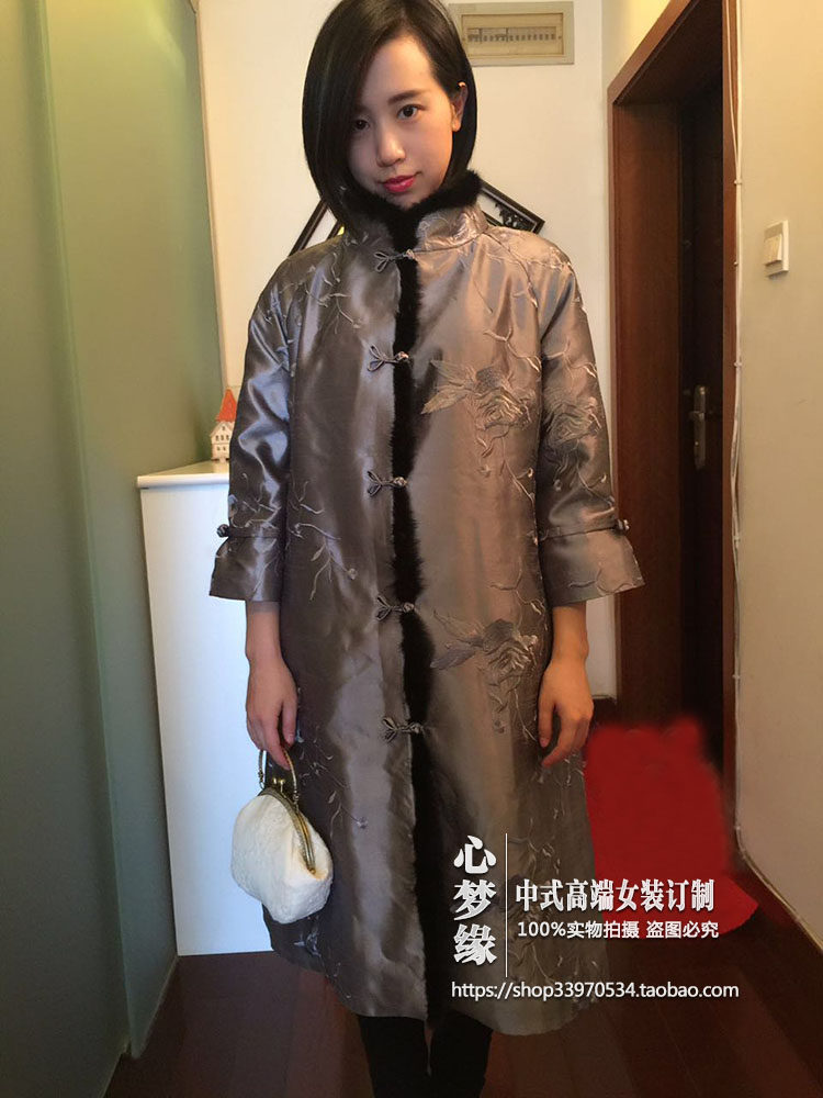水貂毛加厚夹棉长款绣花开襟上衣