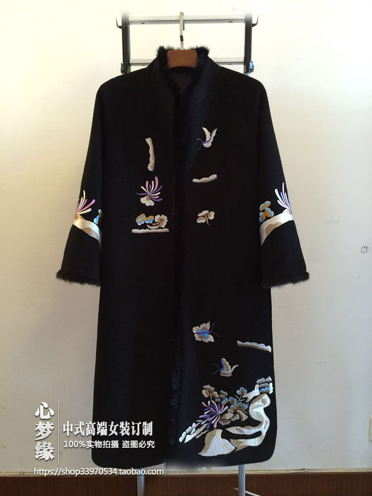 秋冬加厚羊绒女士大衣中式绣花水貂毛长款披风毛呢宽松上衣外套