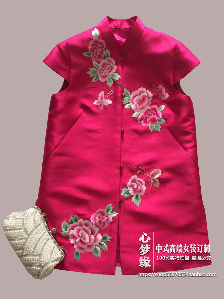 新款定制 中式立领玉扣开襟牡丹绣花短袖中长款上衣外套马甲女装