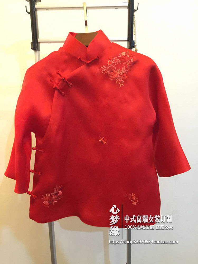 中式复古绣花真丝上衣短款旗袍