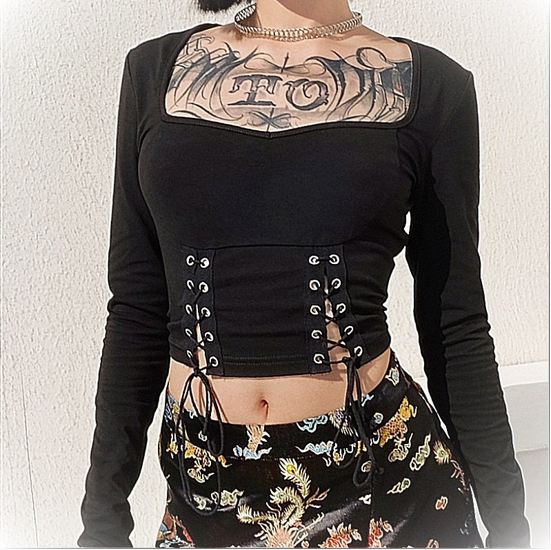 Lace-up tight-fitting long-sleeved T-shirt 绑带紧身长袖T恤女|ruв категории Женская одежда, женской одежды - от Buy2taobao.com для оказания профессиональной услуги покупки агента Taobao