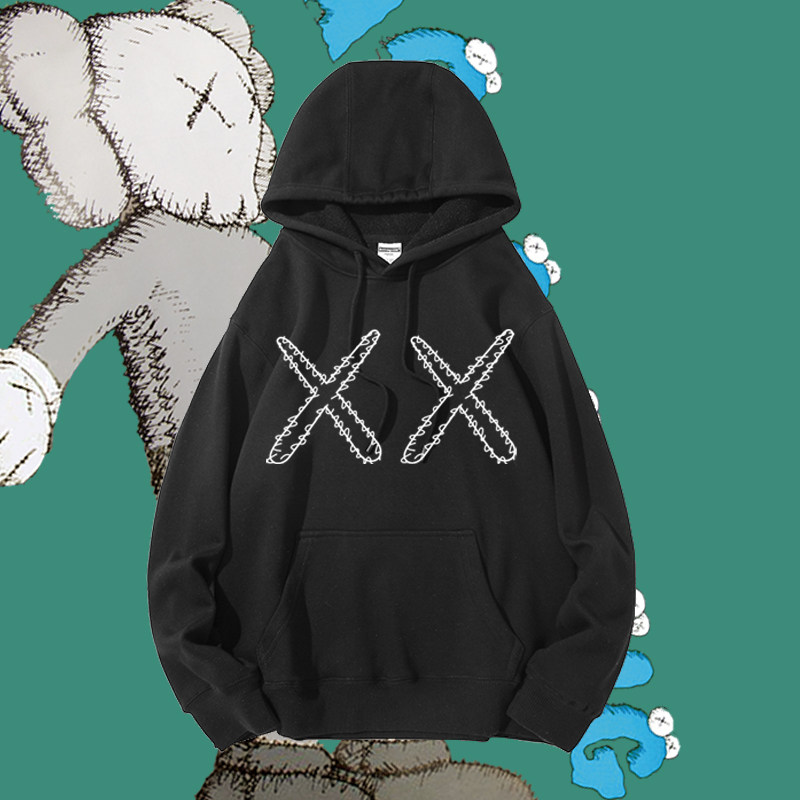 芝麻街kaws秋冬男士加绒卫衣潮流宽松长袖套头连帽外套