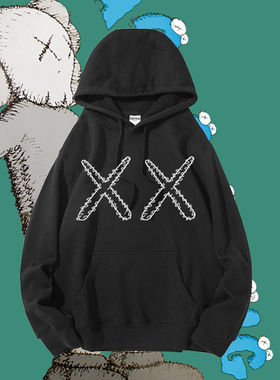 芝麻街KAWS秋冬男士加绒卫衣潮流宽松长袖套头连帽外套