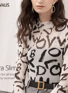 ins女装半高领紧身T恤网纱内搭新款CANVAUS潮字母女打底上衣印花