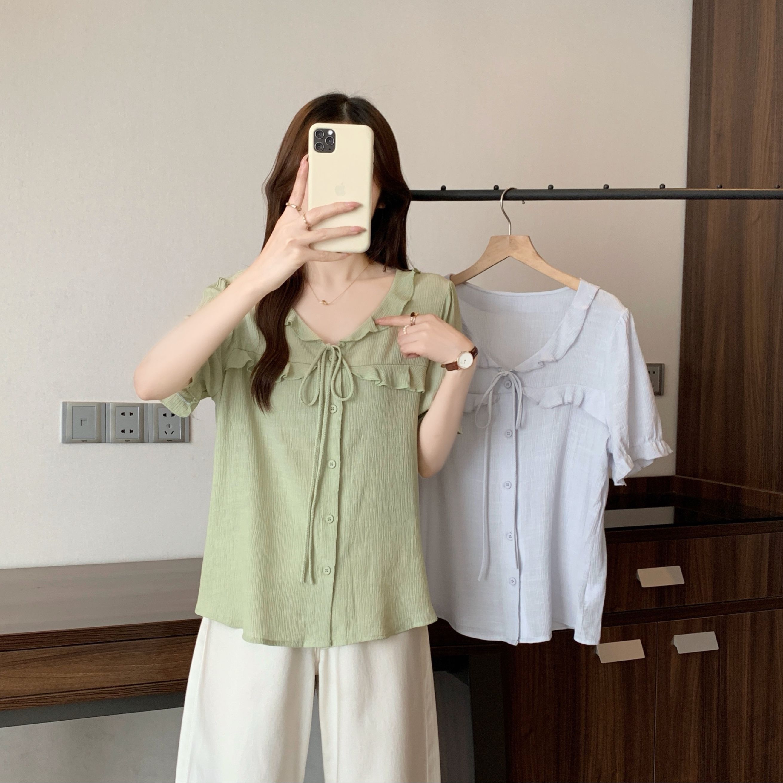 大码女装2025夏季新款法式荷叶边短袖衬衫气质系带V领喇叭袖衬衣