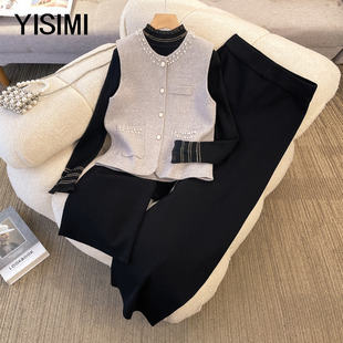 中老年胖妈妈春装新款时尚钉珠马甲三件套女装中年女士阔腿裤套装