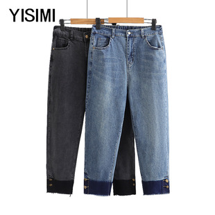 春款中老年大码女士松紧腰长裤中年胖妈妈休闲直筒牛仔九分女裤