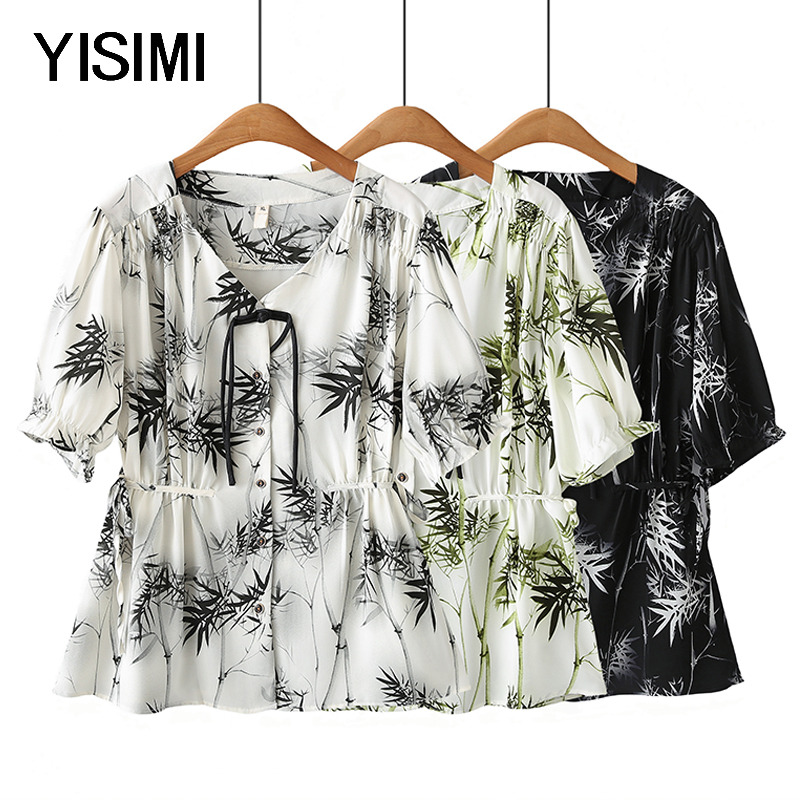 夏季新款中老年大码女士雪纺印花短袖t恤时尚胖妈妈宽松衬衣女装