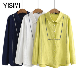 衬衫 23春款 胖妈妈宽松休闲棉质绣花长袖 女装 女中年衬衣 中老年大码