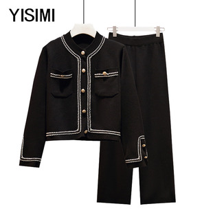 中年胖妈妈春装春秋大码针织套装老年人女装上衣两件套阔腿裤外套