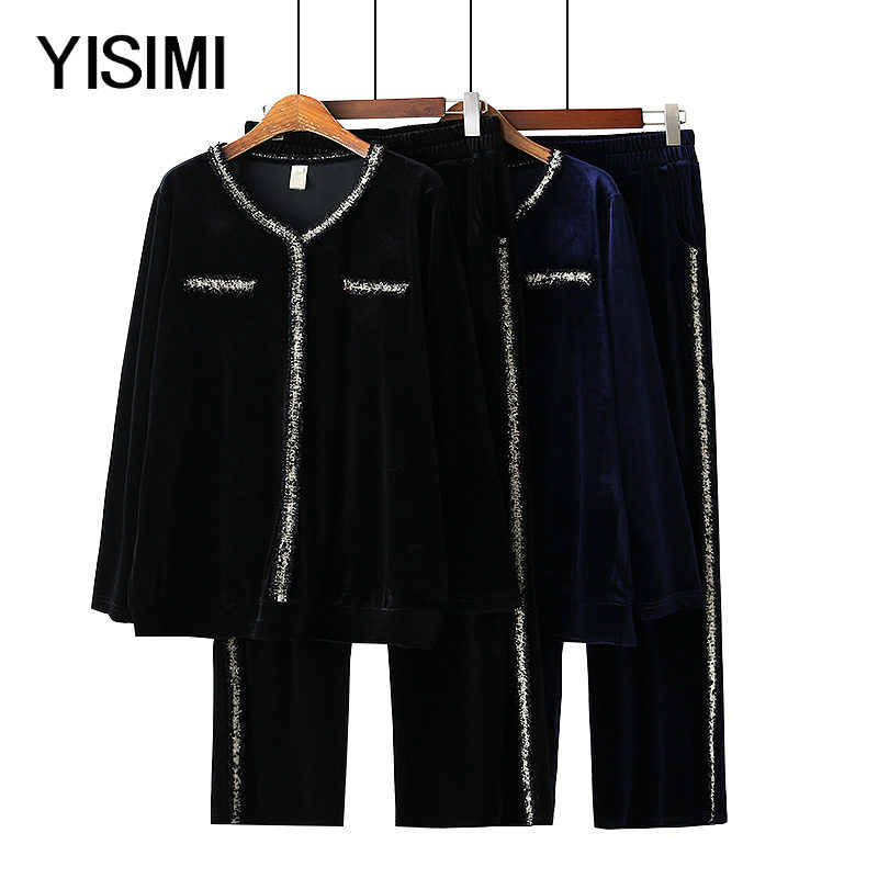 加肥大码中老年女装秋冬新款胖妈妈可穿小香风金丝绒运动两件套装