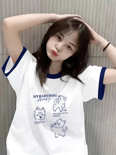 White summer short sleeve T-shirt for students for leisure, loose fit