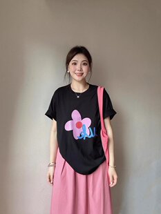 Summer black design T-shirt, American style, flowered, high-quality style