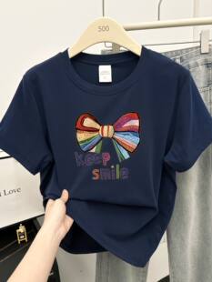Summer fashionable short sleeve T-shirt with bow with a round collar, American style, fitted