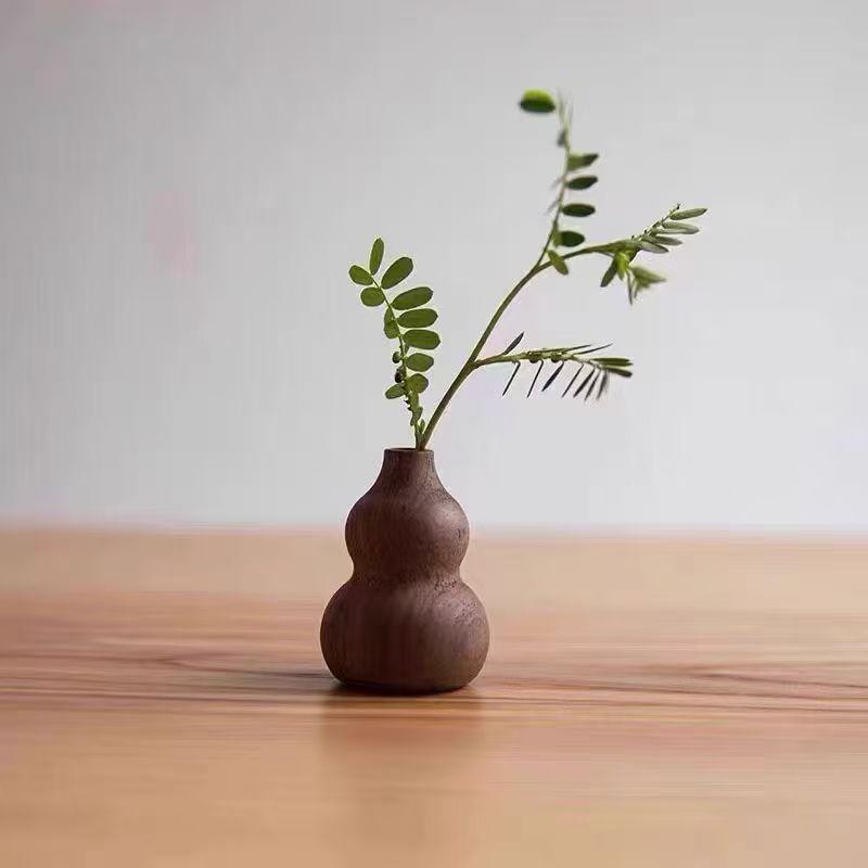 黑胡桃实木花器创意花瓶中式桌面简约小摆件餐桌干花插花摆设木艺