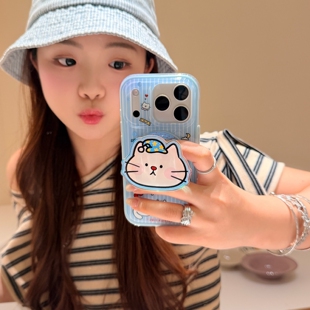 蓝白睡帽猫咪磁吸支架适用传音HOT40手机壳15pro红魔11pro+nfinx Smart8硅胶hone3Apro华硕ZenFone9可爱卡通