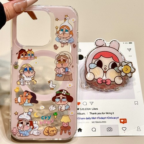 旋转花朵哭泣女孩磁吸支架适用苹果17promax/16手机壳16E/12/17PRO/13mini/XR/14/15PRO软XS/876PLUS/SE3/Air