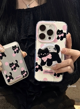 蝶结黑猫磁吸支架卡包适用oppoA3pro/reno14/15/87956+可爱findx7/x3pro/A35手机壳A9/A57/K11硅胶A58x/k9/A2